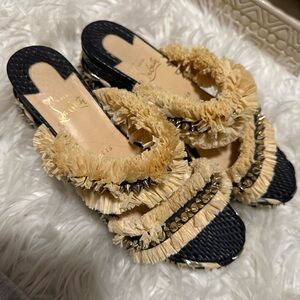 Christian Louboutin Black and Beige Textured Mules